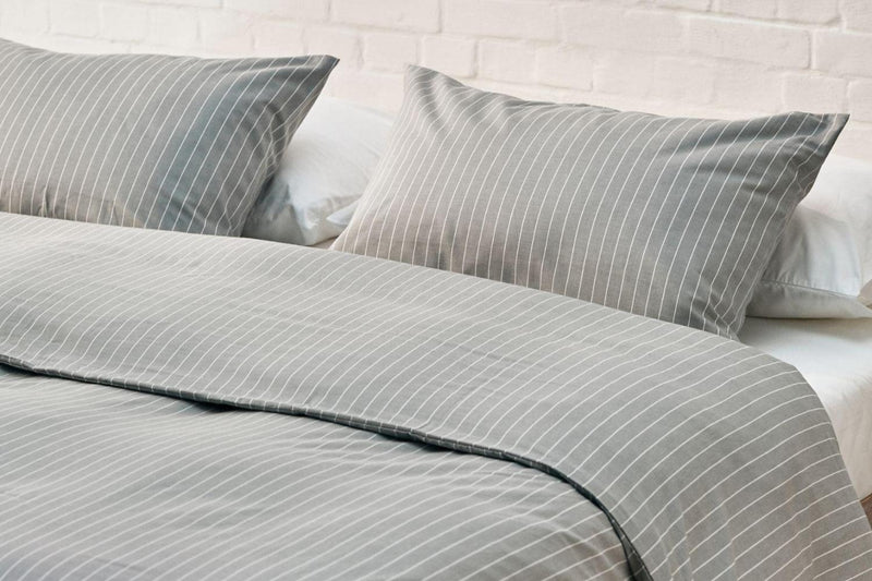 grey and white striped bedding set