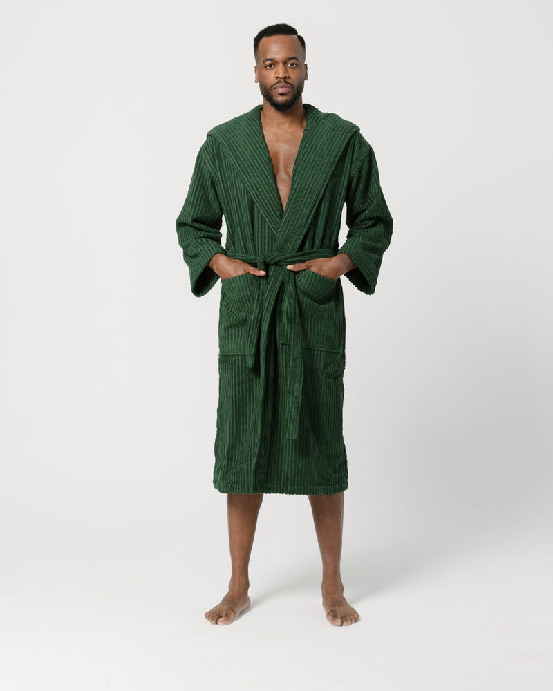 Men's super soft navy fleece dressing gown with hood | Savile Row Co