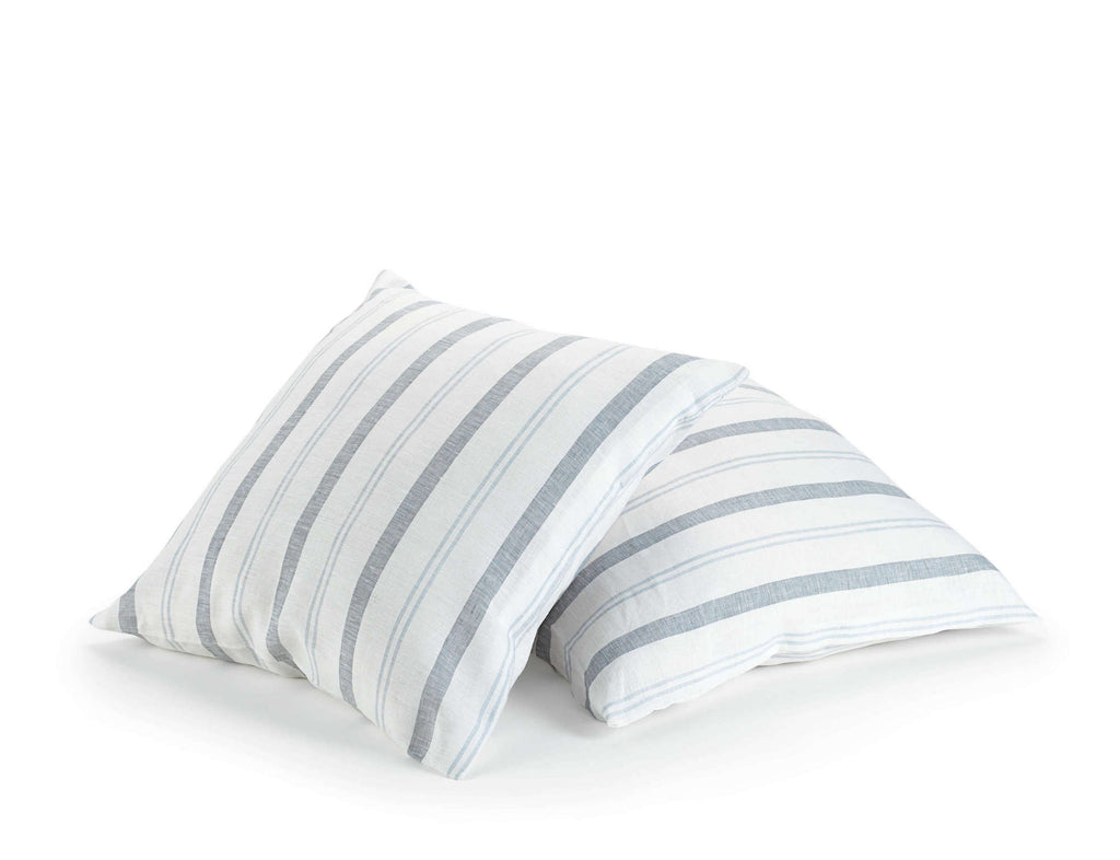 white linen decorative scatter cushion with blue stripes