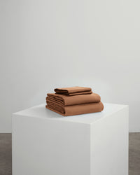 caramel brown bedding set including fitted sheet, duvet cover and pillowcase pair